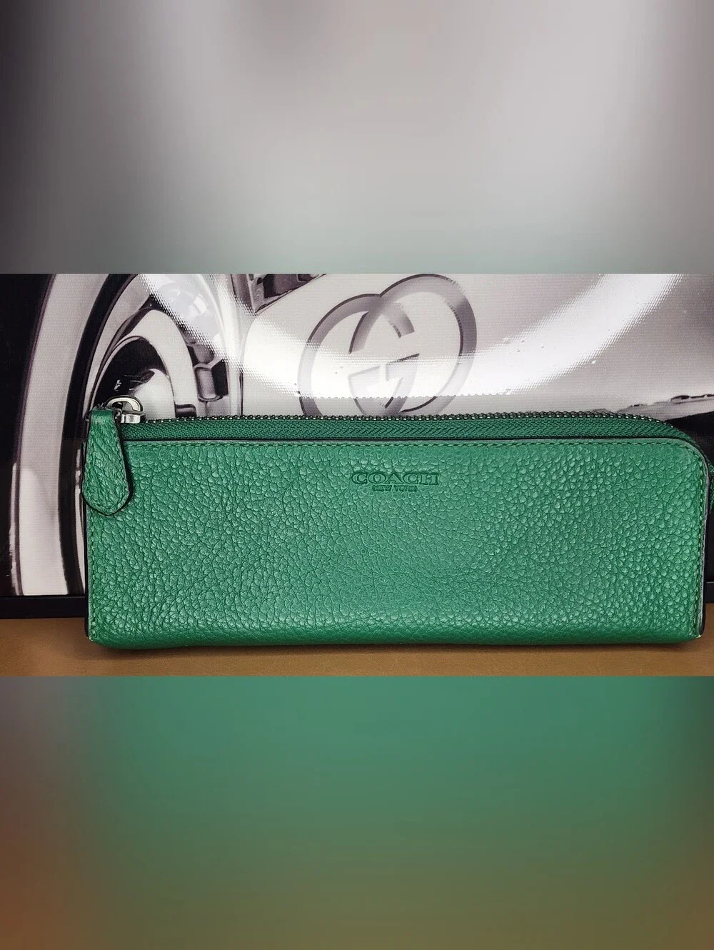 Authentic Coach Green Leather Zip Pencil/Makeup Case Bundle & Cosmetic Mirror